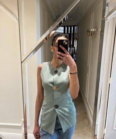 Gilet boutonné avec ceinture fine Vert d’eau