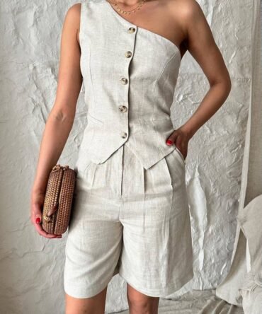 Ensemble gilet asymétrique et short long 100% lin
