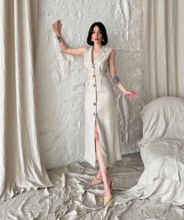 Robe cintrée en lin Beige